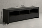 A dark wood media console or TV stand shown in a studio setting with overlaid dimension arrows and text indicating 1600mm width, 450mm height, and 400mm depth.