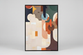 A framed abstract art print with geometric shapes and organic forms in beige, orange, brown, teal, and cream, displayed against a light gray background.