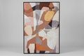 A framed abstract geometric wall art print with overlapping shapes in terracotta, beige, brown, gray, and white, shown against a light gray studio background.