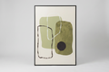 A framed abstract art print featuring organic shapes in sage green, olive green, cream, black, and white, displayed against a neutral light gray background.