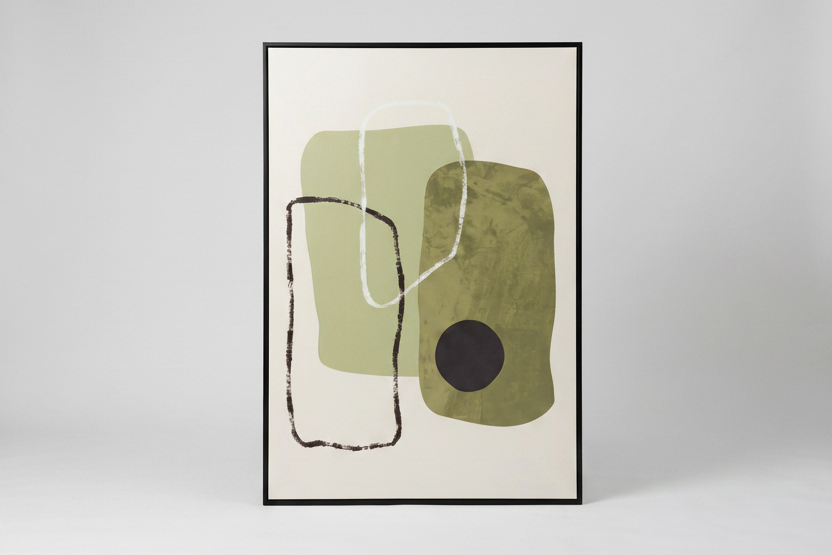 A framed abstract art print featuring organic shapes in sage green, olive green, cream, black, and white, displayed against a neutral light gray background.