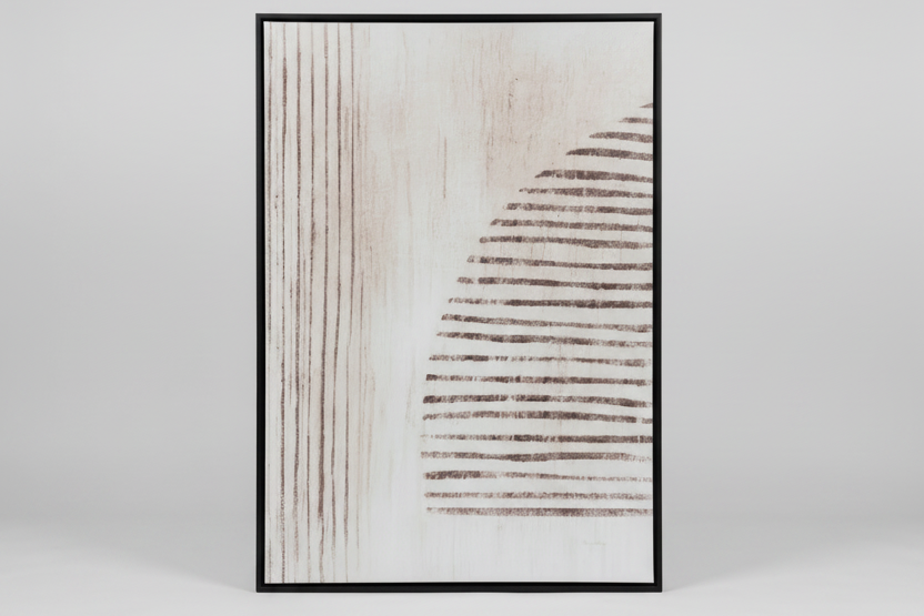 A framed abstract art print featuring textured vertical wood grain on the left and horizontal brushstroke lines on the right, enclosed in a thin black frame against a light gray background.