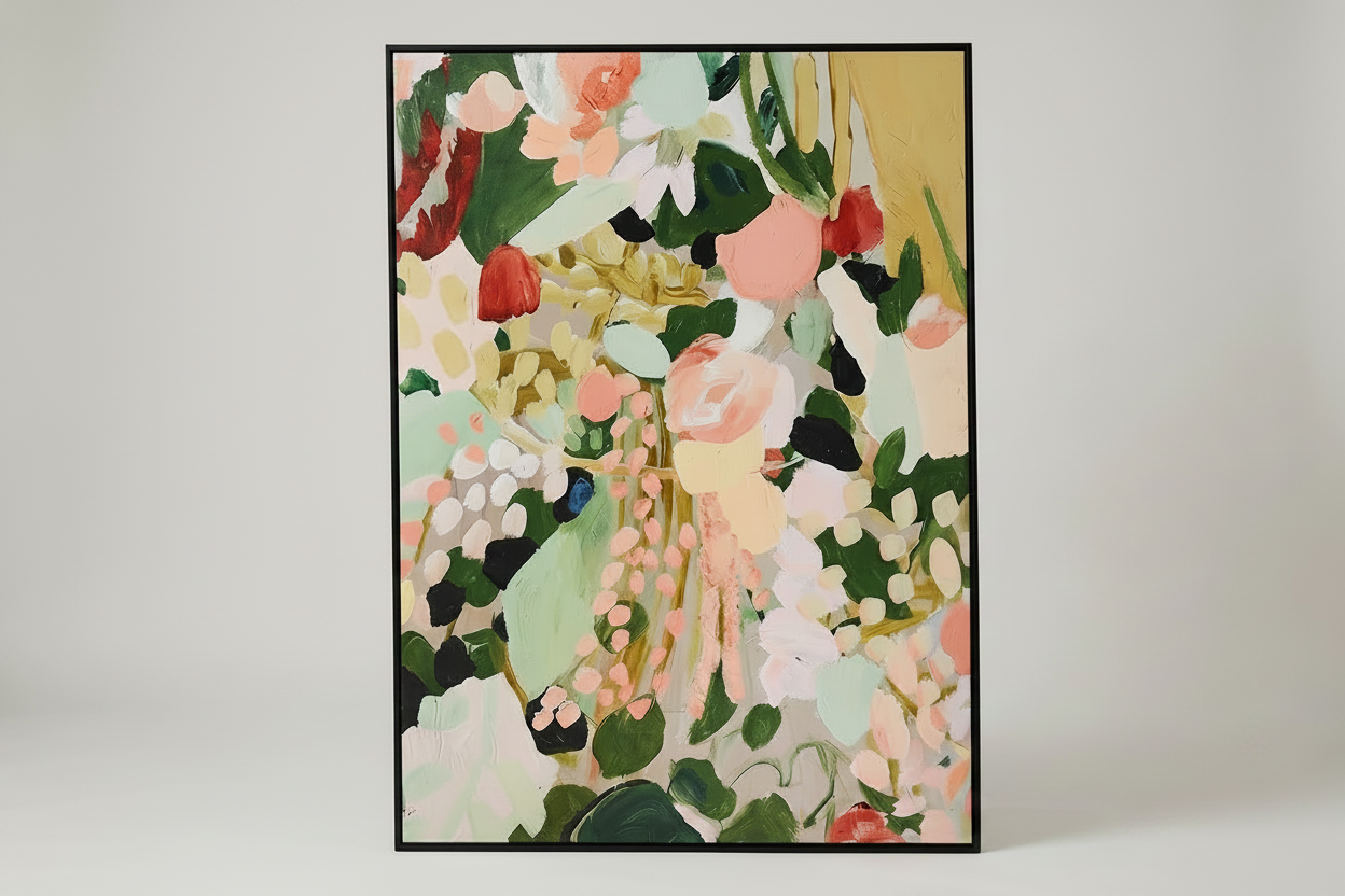 A framed abstract floral painting with pink, red, green, cream, and yellow tones, displayed against a light gray wall on a white floor.