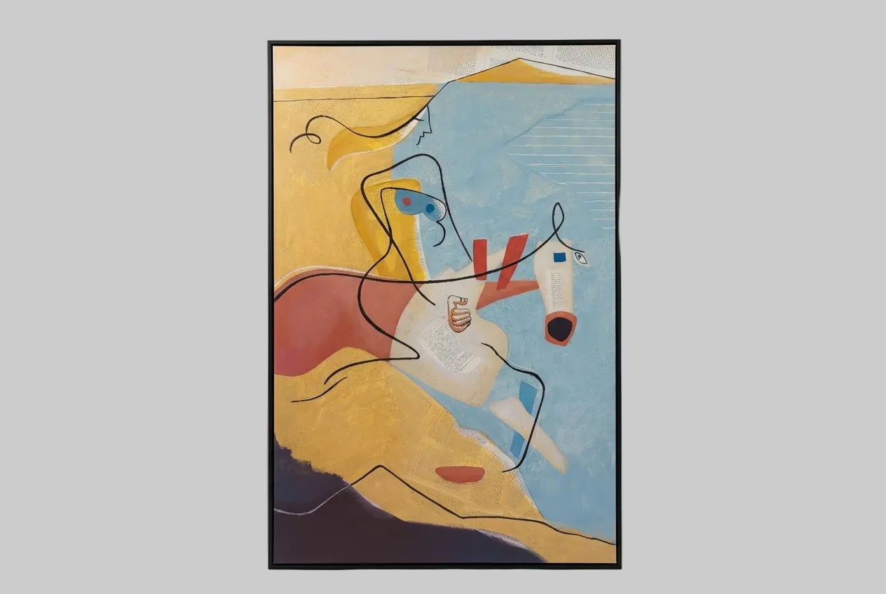 A framed abstract painting featuring a stylized horse and rider in a dynamic composition. The artwork uses a palette of light blue, golden yellow, red, white, and dark brown, enclosed in a thin black frame and displayed against a neutral light gray background.
