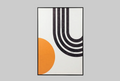 A framed abstract art print featuring a bold orange semicircle, black concentric arches, and a white background, displayed against a neutral gray backdrop.