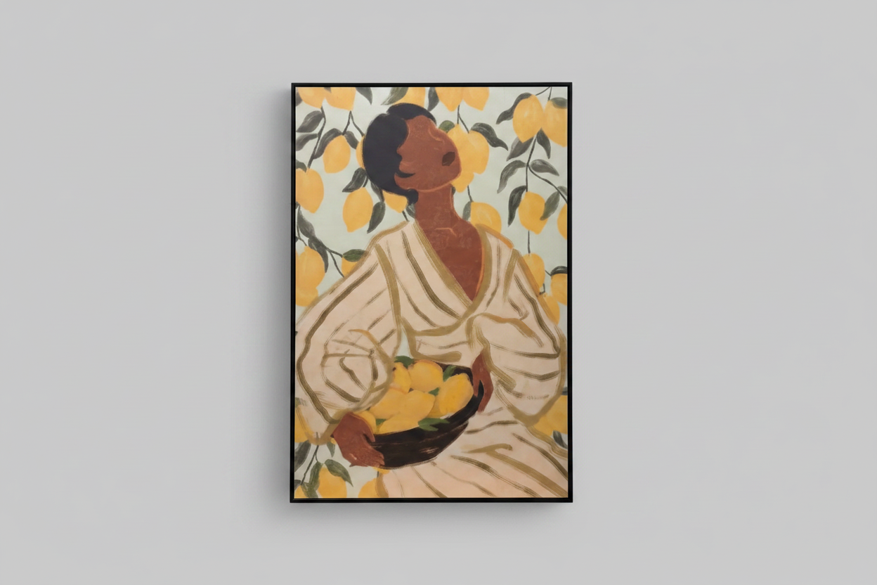 A framed art print depicting a woman in a cream robe holding a basket of lemons, surrounded by yellow lemons and green leaves on a pale background, shown hanging on a light gray wall.