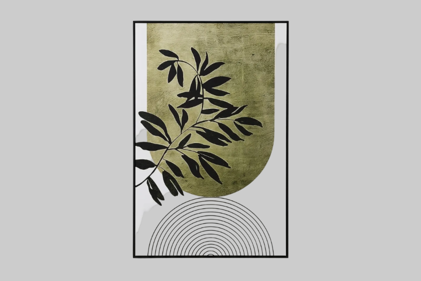 A framed minimalist art print featuring a textured olive green and white background, black leaf silhouettes, and a black semi-circular line pattern at the bottom, displayed on a light gray wall.