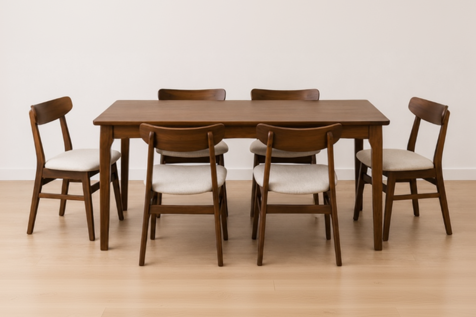 Wooden dining table with matching chairs in a room with white walls and wooden floor.