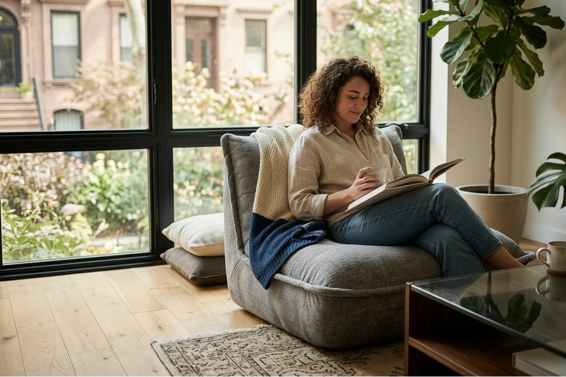 A woman with curly hair sits in a gray upholstered lounge chair by a large black-framed window, reading a book. A cream throw blanket and blue knit wrap are draped over the chair, with an open book and coffee table in the foreground and potted plants nearby.