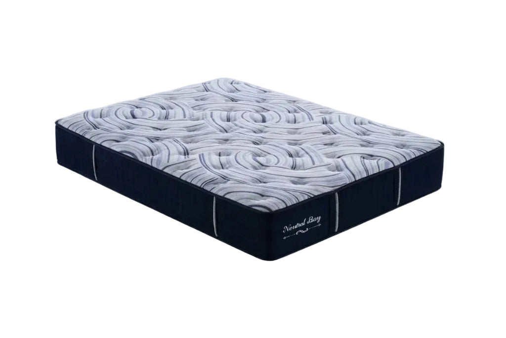 Mattress with a blue and white pattern on a white background