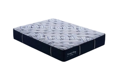 Mattress with a blue and white pattern on a white background