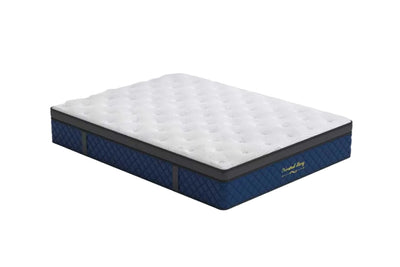 Mattress with blue exterior and white interior on a white background