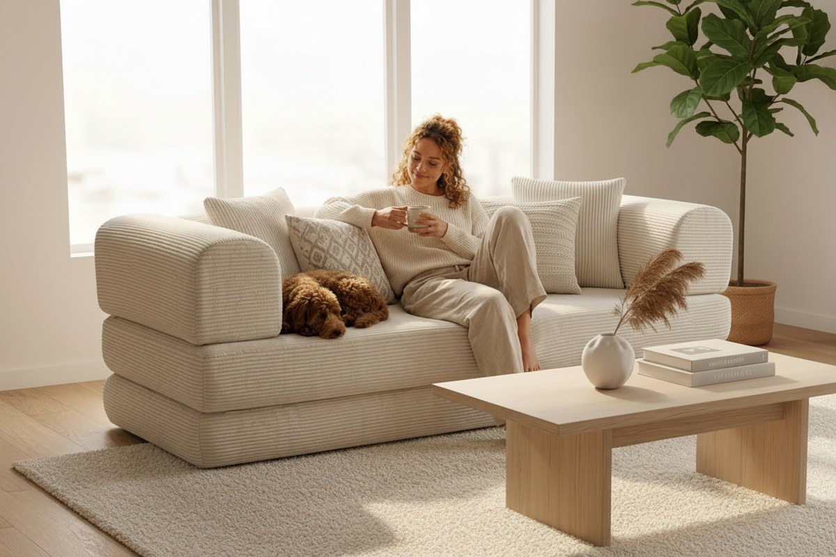 A woman relaxes on a cream ribbed corduroy sofa in a bright, modern living room, holding a mug next to a small brown dog. A light wood coffee table and a potted green plant are in the foreground and background.