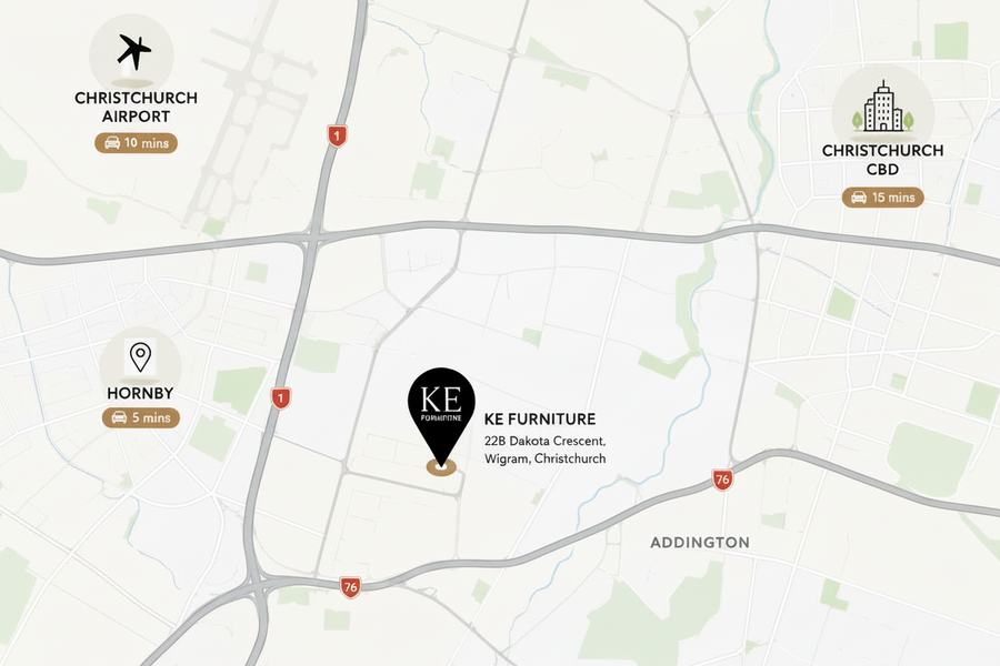 A location map graphic for KE Furniture, showing a central map with the store address marked, plus icons and text for Christchurch Airport, Christchurch CBD, and Hornby with estimated travel times.